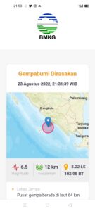 Telah Terjadi Gempa Berkekuatan 6,5 SR Berpusat Di Perbatasan Lampung _Bengkulu